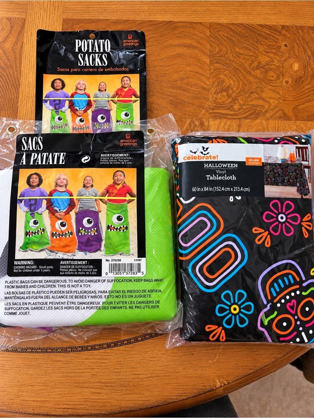 Halloween Decor: Colorful Monster Potato Sacks & Tablecloth